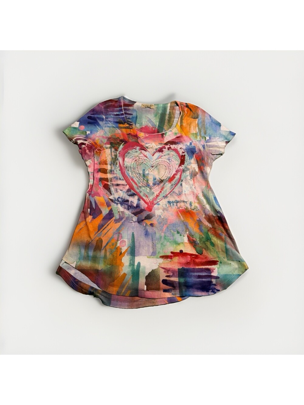 One World Live and Let Live Medium Top Colorful Watercolor Heart Rhinestone Boho